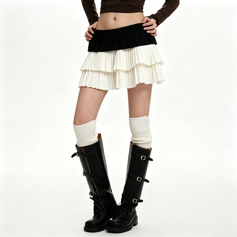 Color Block Knit High Waist Double Layer Pleated Skirt - Black - 3XL - image 4