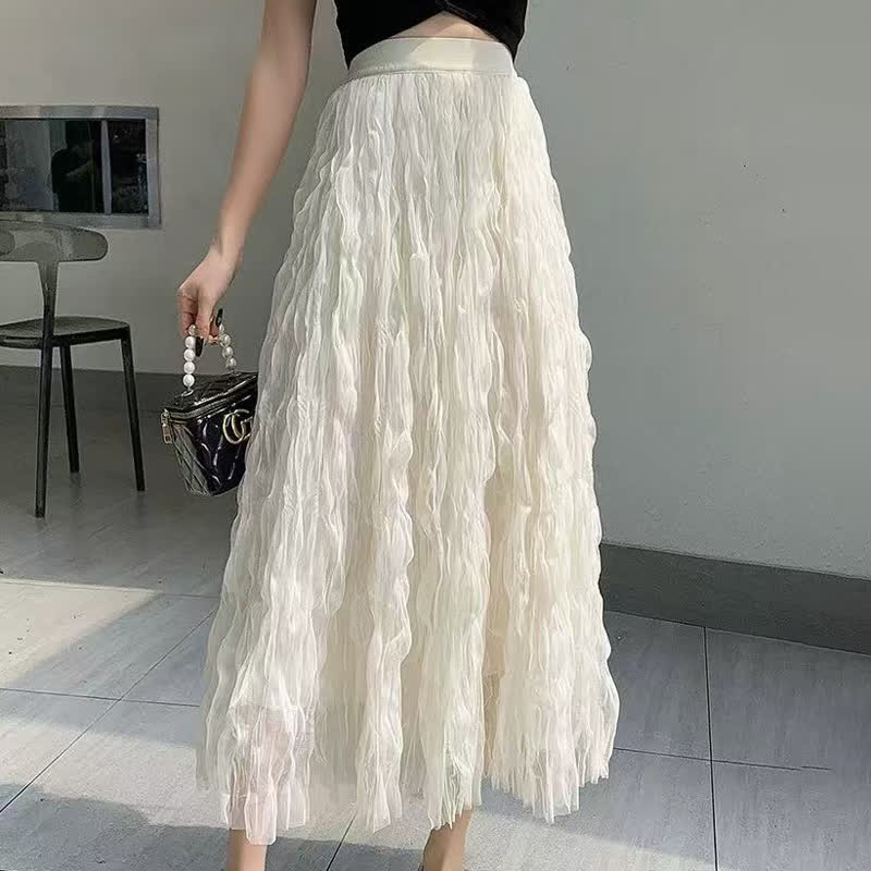 Gothic Flowy Ruffled Tulle Layered Long Skirt - Apricot - XL - image 4