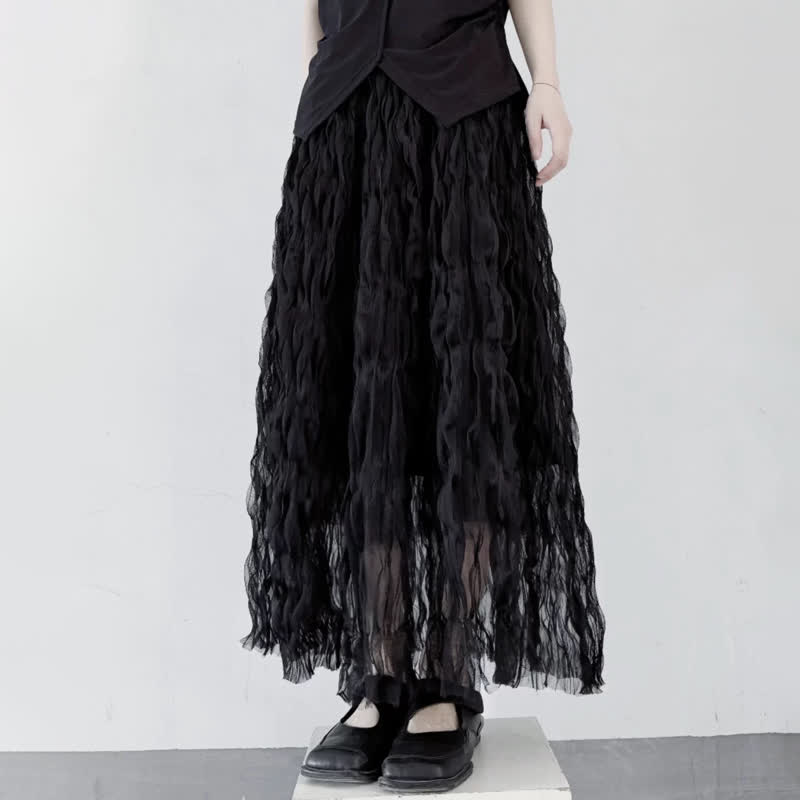 Gothic Flowy Ruffled Tulle Layered Long Skirt - Black - XL - image 2