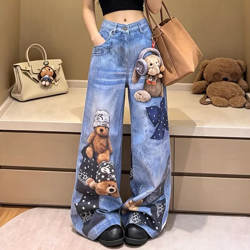 Cartoon Bear Bow Print High Waist Wide Leg  Denim Jeans - Blue - 4XL - image 1