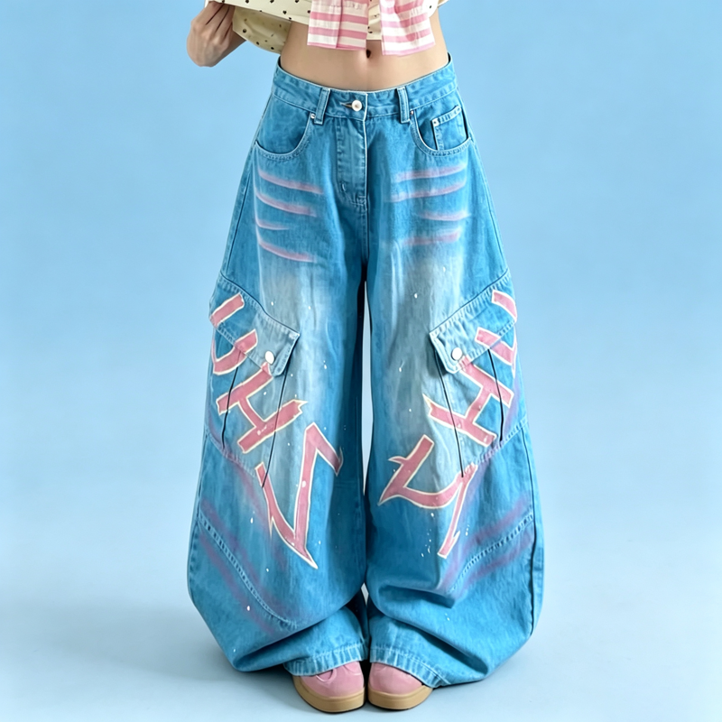 Y2K Vintage American Letter Print Cargo Wide Leg Denim Jeans - Blue - XL - image 1