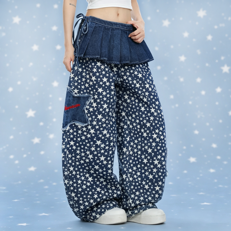 Y2k Vintage American style Star Print Loose Denim Jeans - image 1