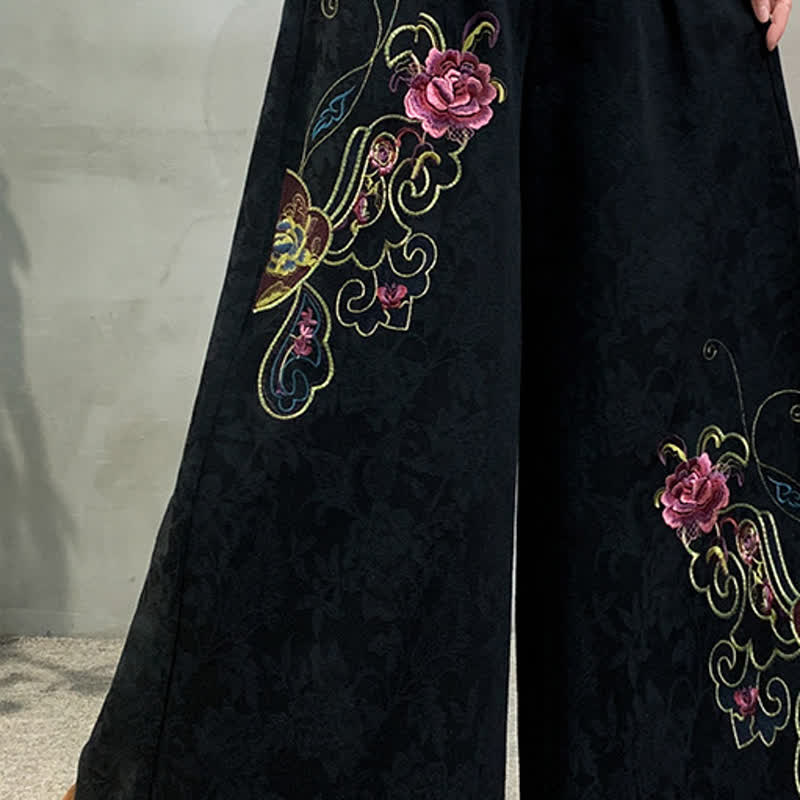 Chinese Style Floral Embroidery Loose High Waist Pants - image 7