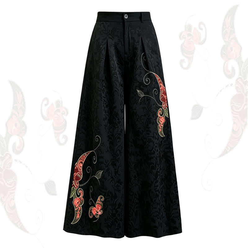 Chinese Style Floral Embroidery Loose High Waist Pants - image 1