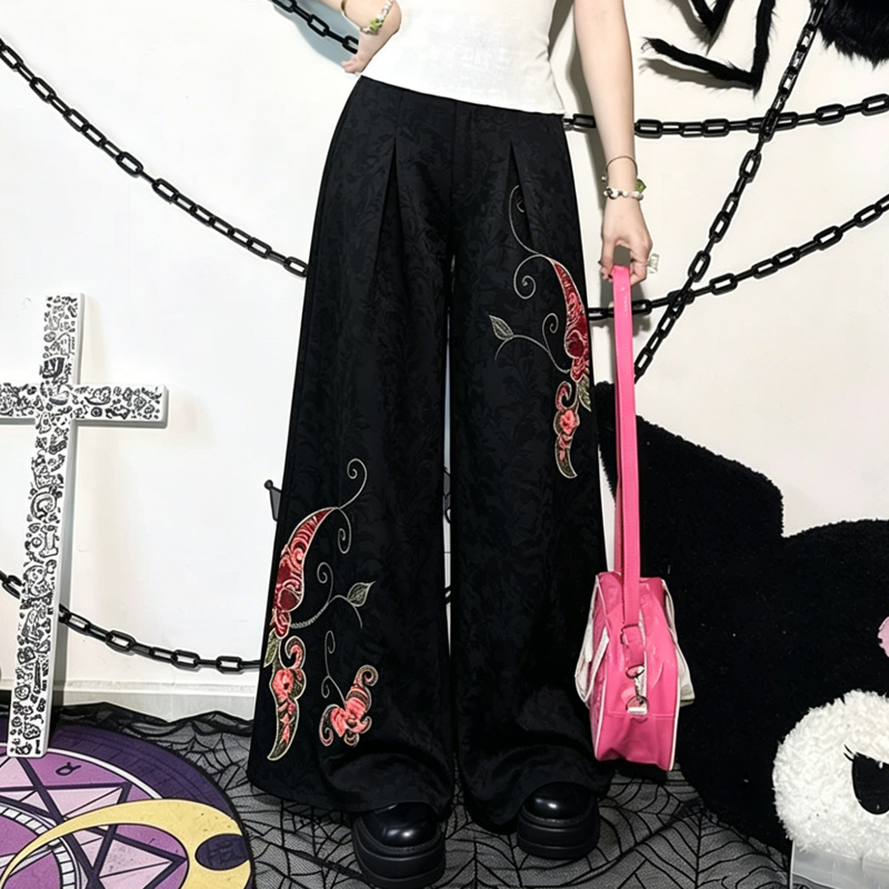 Chinese Style Floral Embroidery Loose High Waist Pants - Pants C - 3XL - image 4