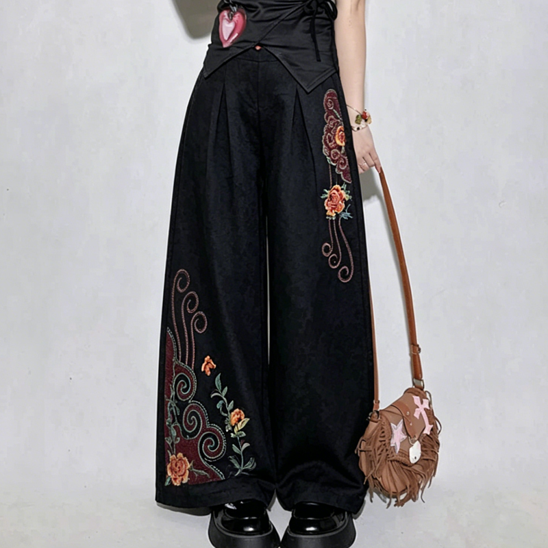 Chinese Style Floral Embroidery Loose High Waist Pants - Pants B - 3XL - image 3