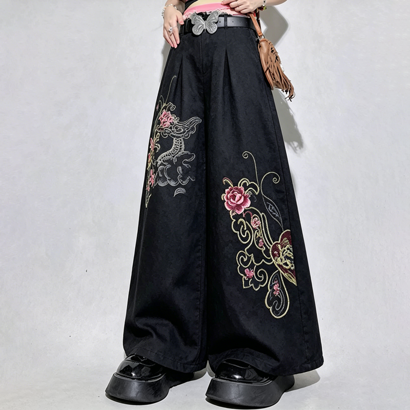 Chinese Style Floral Embroidery Loose High Waist Pants - Pants A - 3XL - image 2
