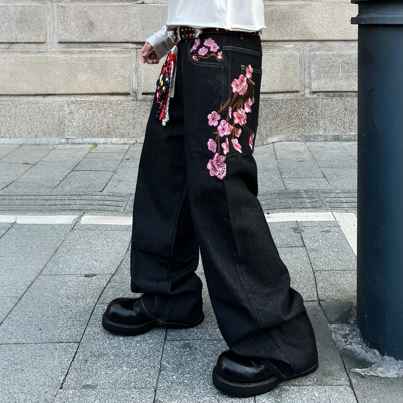 Y2K Vintage American Style Plum Blossom Embroidery Baggy Denim Pants - image 1