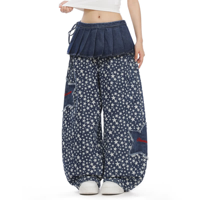 Y2k Vintage American style Star Print Loose Denim Jeans - image 5