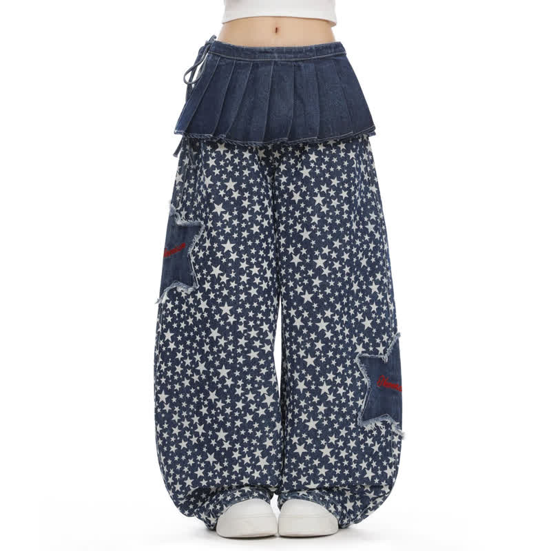 Y2k Vintage American style Star Print Loose Denim Jeans - Blue - 4XL - image 4