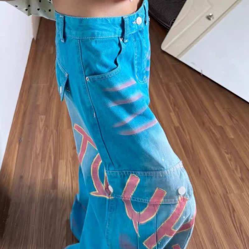 Y2K Vintage American Letter Print Cargo Wide Leg Denim Jeans - image 5