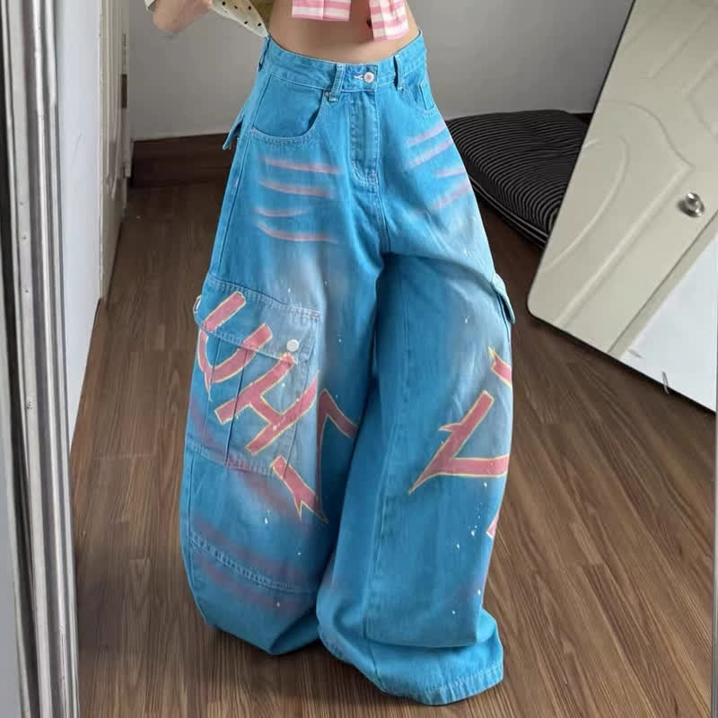 Y2K Vintage American Letter Print Cargo Wide Leg Denim Jeans - image 3