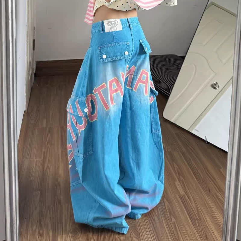 Y2K Vintage American Letter Print Cargo Wide Leg Denim Jeans - image 2