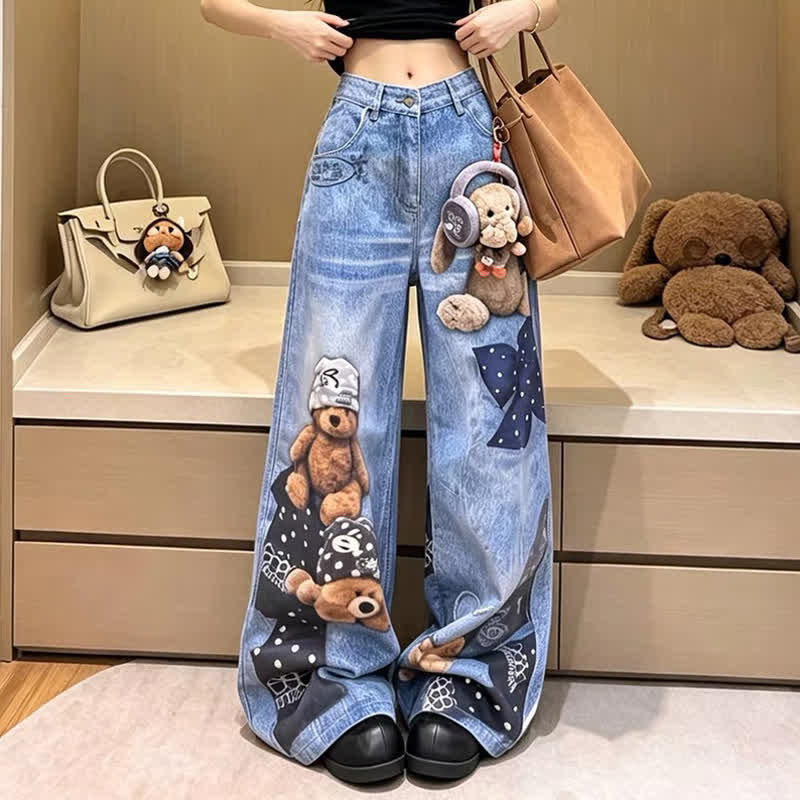 Cartoon Bear Bow Print High Waist Wide Leg  Denim Jeans - image 3