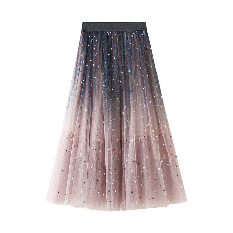 Gradient Star Sequin Tulle Skirt Elastic High Waist Three Layer Long Skirt  - Pink - One Size - image 3