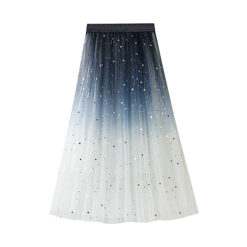 Gradient Star Sequin Tulle Skirt Elastic High Waist Three Layer Long Skirt  - White - One Size - image 2