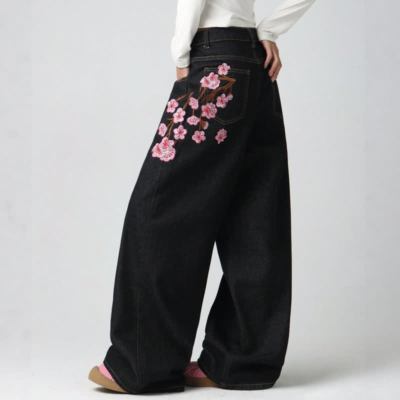 Y2K Vintage American Style Plum Blossom Embroidery Baggy Denim Pants - Black - 2XL - image 5