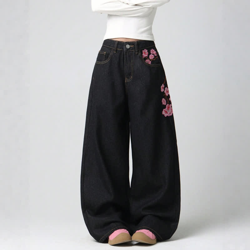 Y2K Vintage American Style Plum Blossom Embroidery Baggy Denim Pants - image 6