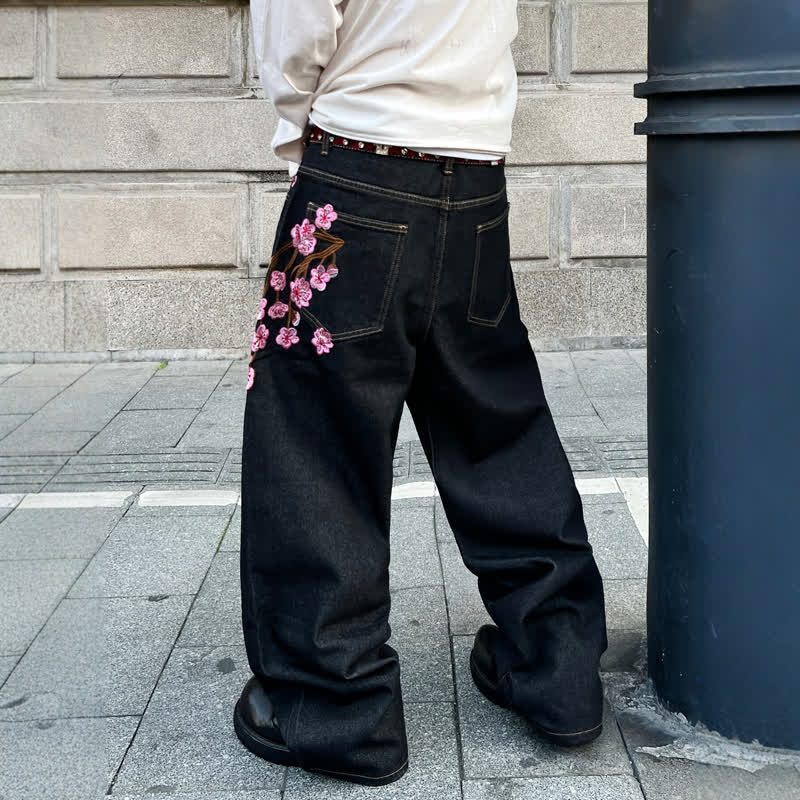 Y2K Vintage American Style Plum Blossom Embroidery Baggy Denim Pants - image 3
