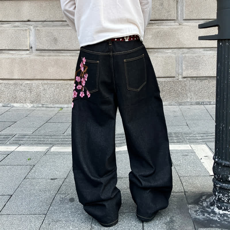 Y2K Vintage American Style Plum Blossom Embroidery Baggy Denim Pants - image 4