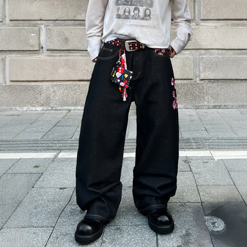 Y2K Vintage American Style Plum Blossom Embroidery Baggy Denim Pants - image 2