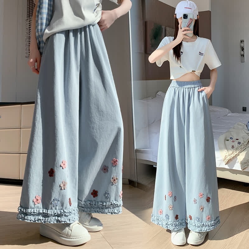 Casual High Waist Loose Floral Decor Straight Pants  - Blue - 3XL - image 2