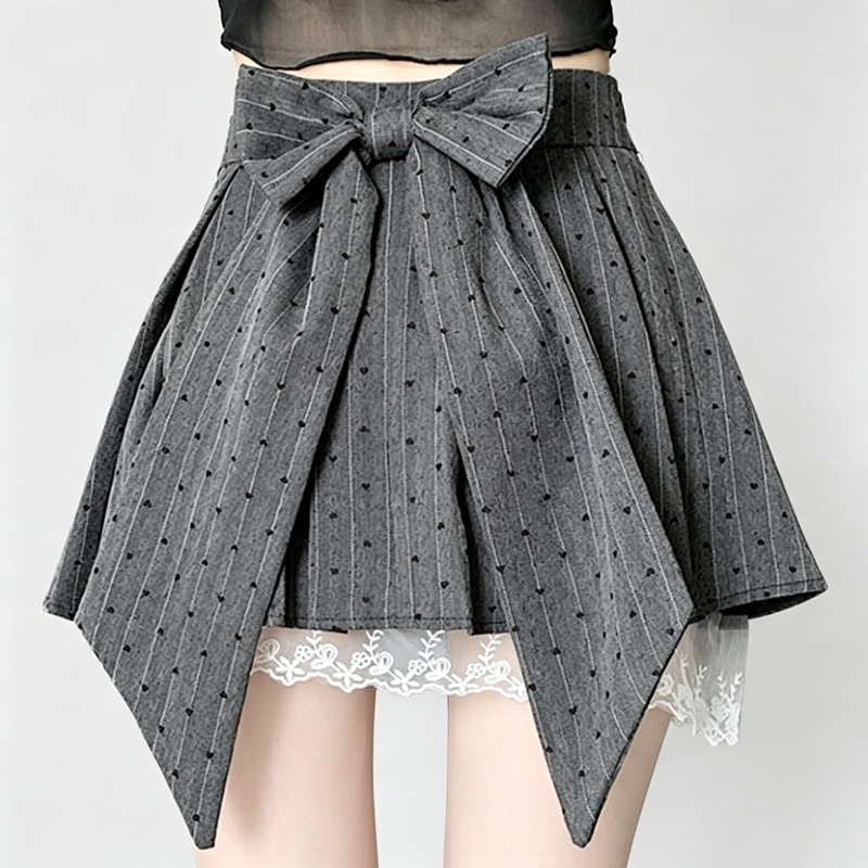 Preppy Style Polka Dot Lace Pleated Skirt With Big Bow - Grey - XL - image 1