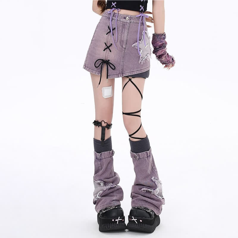 Y2k Gothic Star Patch Denim Skirt With Leg Warmer Two Pieces Set - Skirt +Leg Warmer - XL - image 4