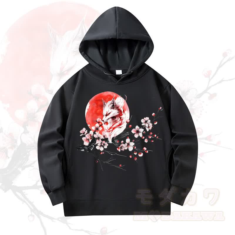 MODAKAWA Fox Cherry Blossom Print Long Sleeve Hooded Sweatshirt - Black - 4XL - image 1