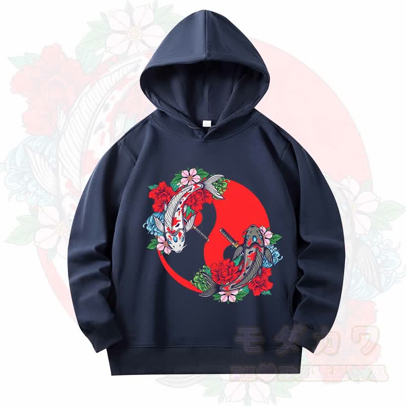 MODAKAWA Koi Fish Floral Print Long Sleeve Hooded Sweatshirt - Dark Blue - 4XL - image 1