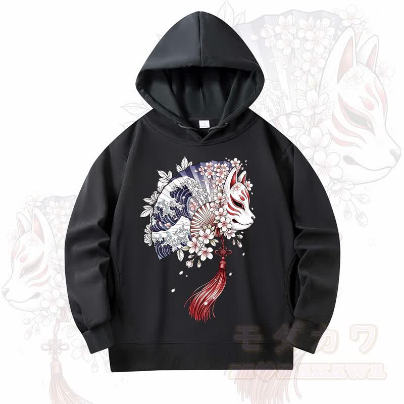 MODAKAWA Fan Fox Cherry Blossom Print Long Sleeve Hooded Sweatshirt - Black - 4XL - image 1