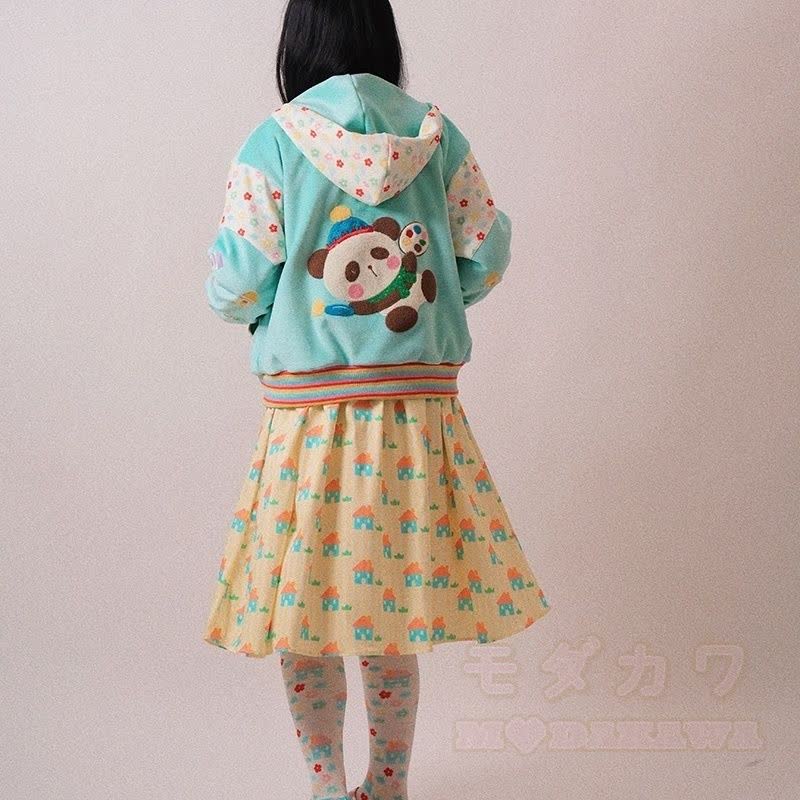 Kawaii Cartoon Print Patchwork Zip Up Hooded Fleece Jacket - image 3