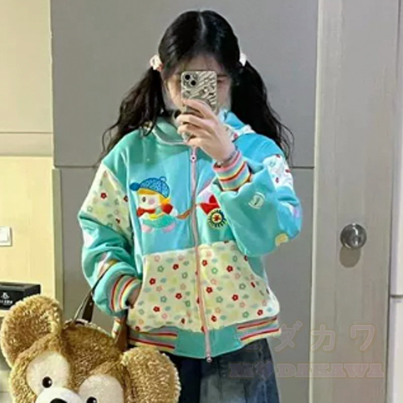 Kawaii Cartoon Print Patchwork Zip Up Hooded Fleece Jacket - image 4
