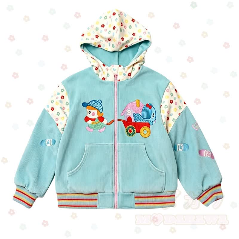 Kawaii Cartoon Print Patchwork Zip Up Hooded Fleece Jacket - Green - XL - image 1