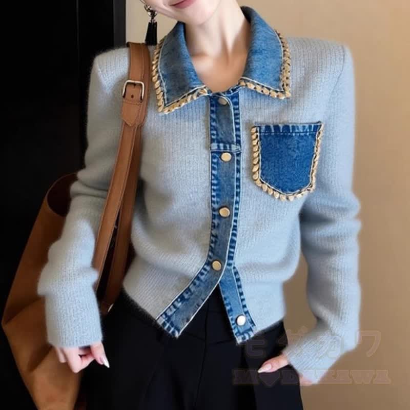 Denim Spliced Knit Cardigan Washed Wide Leg Jeans Two Pieces Set - Top - 4XL - image 2