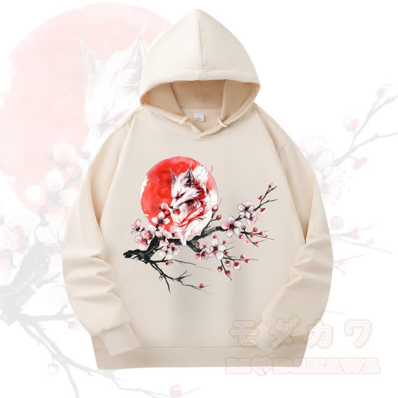 MODAKAWA Fox Cherry Blossom Print Long Sleeve Hooded Sweatshirt - Beige - 4XL - image 6