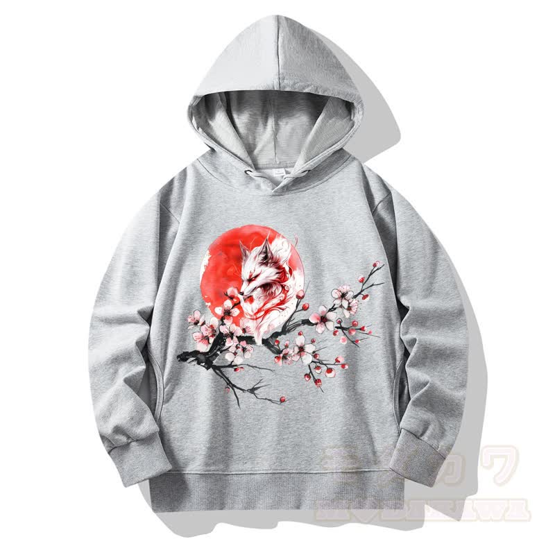 MODAKAWA Fox Cherry Blossom Print Long Sleeve Hooded Sweatshirt - Grey - 4XL - image 4