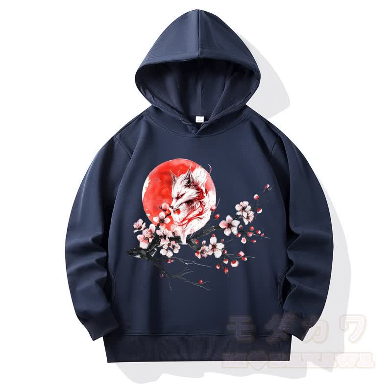 MODAKAWA Fox Cherry Blossom Print Long Sleeve Hooded Sweatshirt - Dark Blue - 4XL - image 8