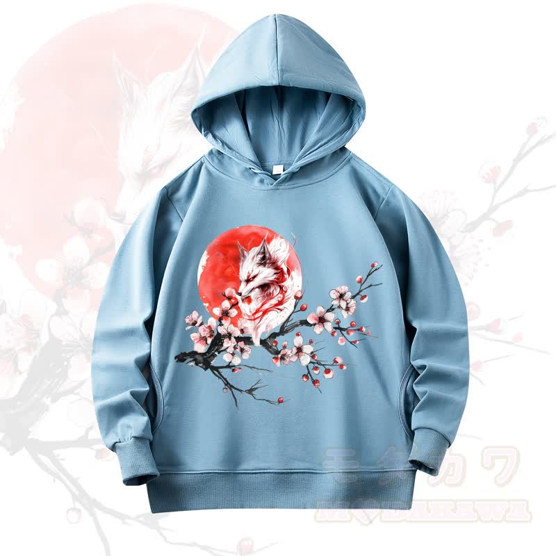 MODAKAWA Fox Cherry Blossom Print Long Sleeve Hooded Sweatshirt - Light Blue - 4XL - image 7