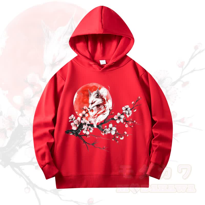 MODAKAWA Fox Cherry Blossom Print Long Sleeve Hooded Sweatshirt - Red - 4XL - image 3