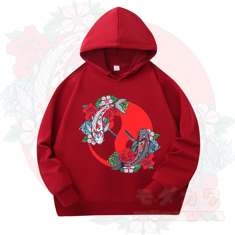 MODAKAWA Koi Fish Floral Print Long Sleeve Hooded Sweatshirt - Wine - 4XL - image 5