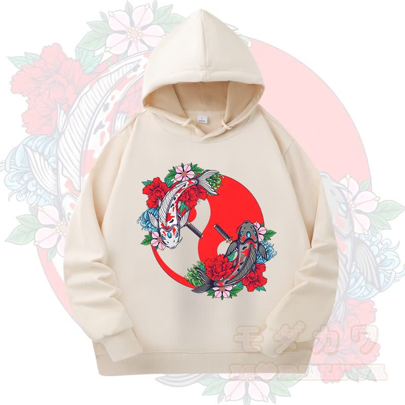 MODAKAWA Koi Fish Floral Print Long Sleeve Hooded Sweatshirt - Beige - 4XL - image 6