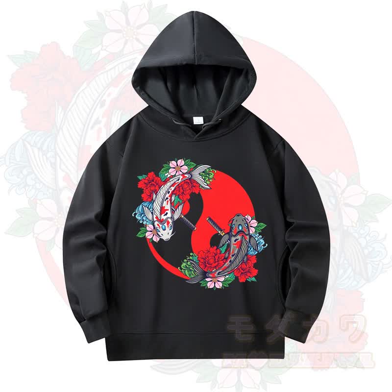 MODAKAWA Koi Fish Floral Print Long Sleeve Hooded Sweatshirt - Black - 4XL - image 2