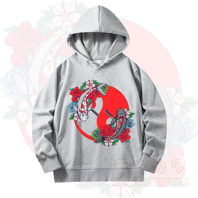 MODAKAWA Koi Fish Floral Print Long Sleeve Hooded Sweatshirt - Grey - 4XL - image 4