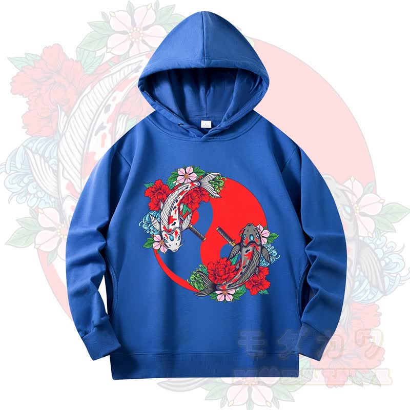 MODAKAWA Koi Fish Floral Print Long Sleeve Hooded Sweatshirt - Royal Blue - 4XL - image 8