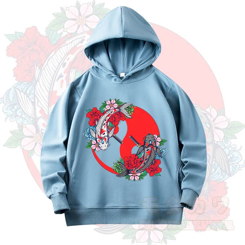 MODAKAWA Koi Fish Floral Print Long Sleeve Hooded Sweatshirt - Light Blue - 4XL - image 7