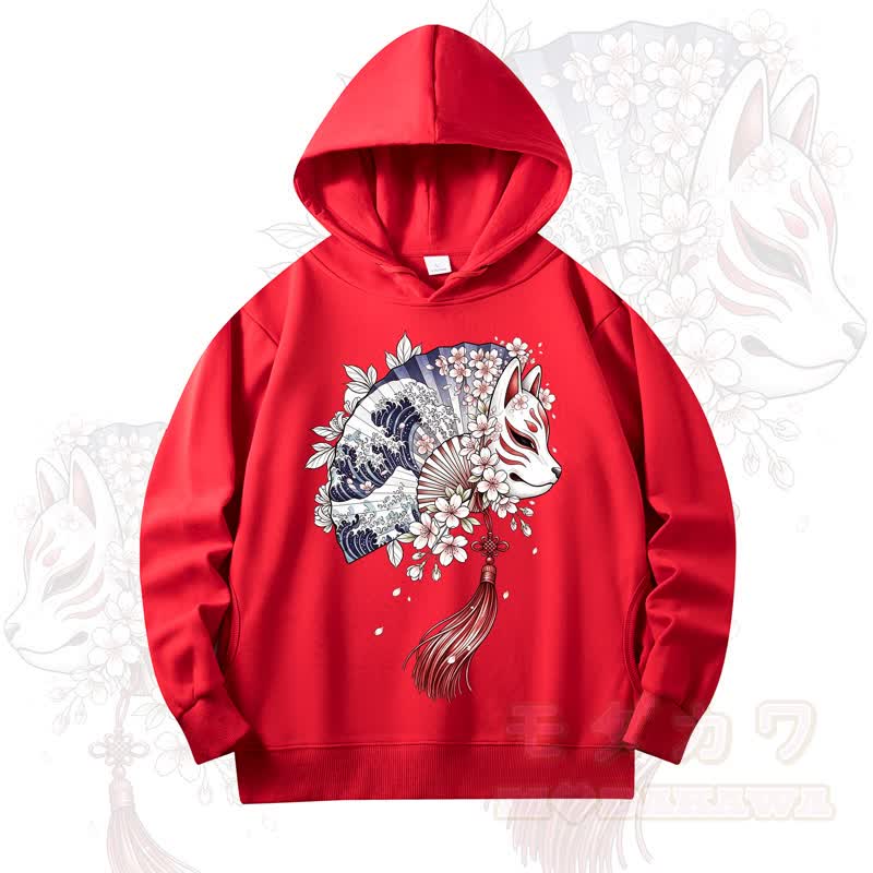 MODAKAWA Fan Fox Cherry Blossom Print Long Sleeve Hooded Sweatshirt - Red - 4XL - image 3