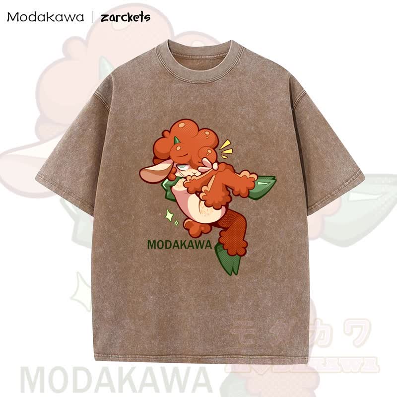MODAKAWA X zarckets Cute Sheep Print Washed T-shirt - Coffee - 5XL - image 3