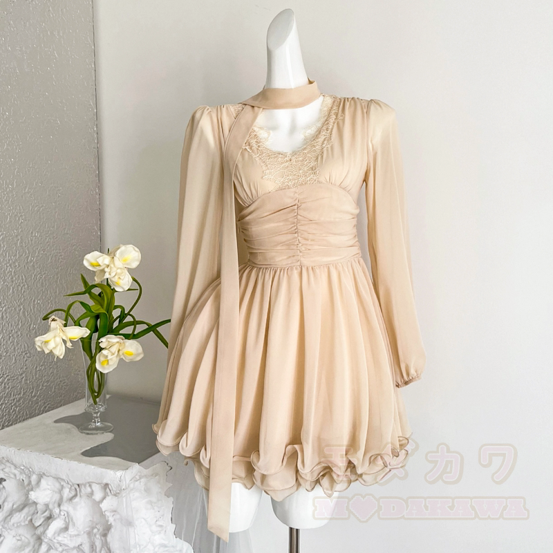 Lace Splice V‑Neck Tie Choker Long Sleeve Chiffon Dress - Yellow - L - image 1
