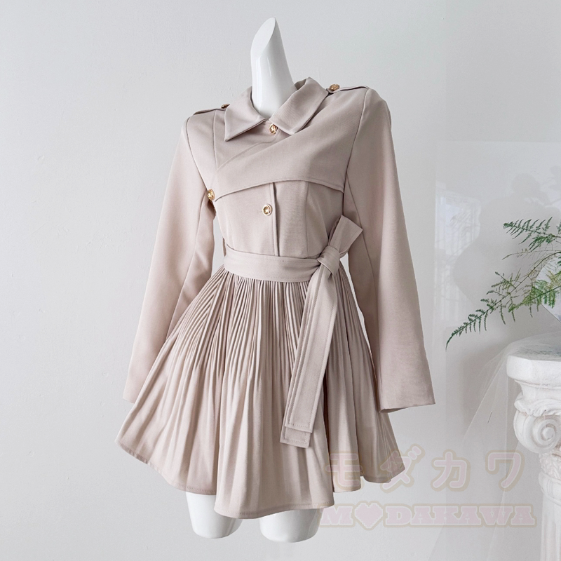 French Style Lapel Waist Tie Long Sleeve Pleated A‑Line Dress - Apricot - L - image 1